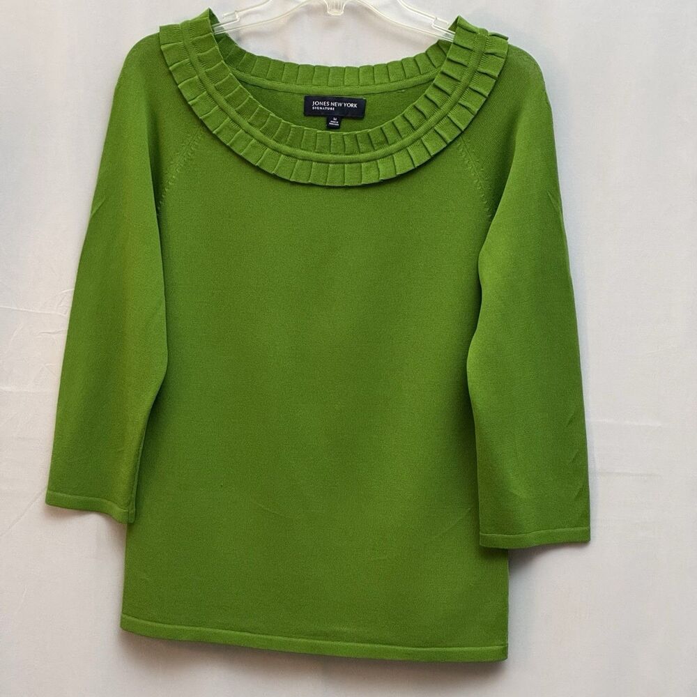 Jones New York Signature Sweater Womens M Green Pleated Neck 3/4 Sleeve NWT